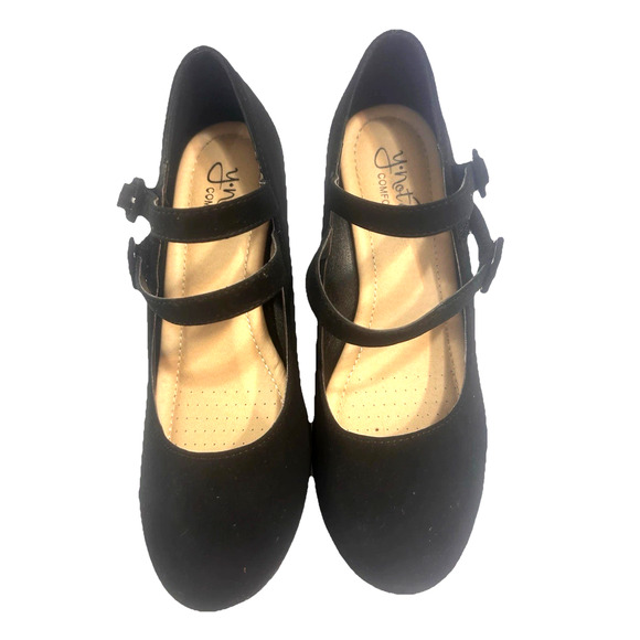 Y-Not Platform Wedge Strappy Sandals Heels Black Suede Woman Sz 7 Shoes Comfy - Picture 2 of 15